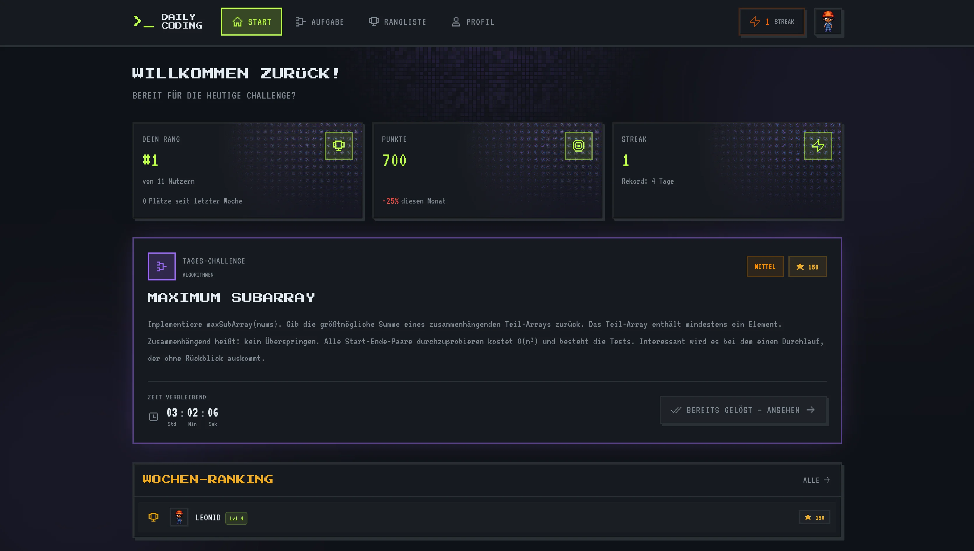 Das Dashboard von Daily Coding mit Rang, Punkten, Streak und der heutigen Challenge